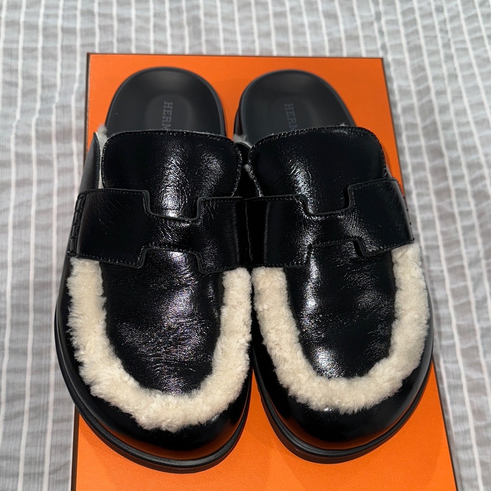 Hermes Black Leather Mules with Cream lamb Trim